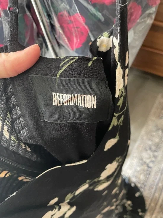 Reformation Black Slip Dress with Cream Floral Print - Picture 2 of 2